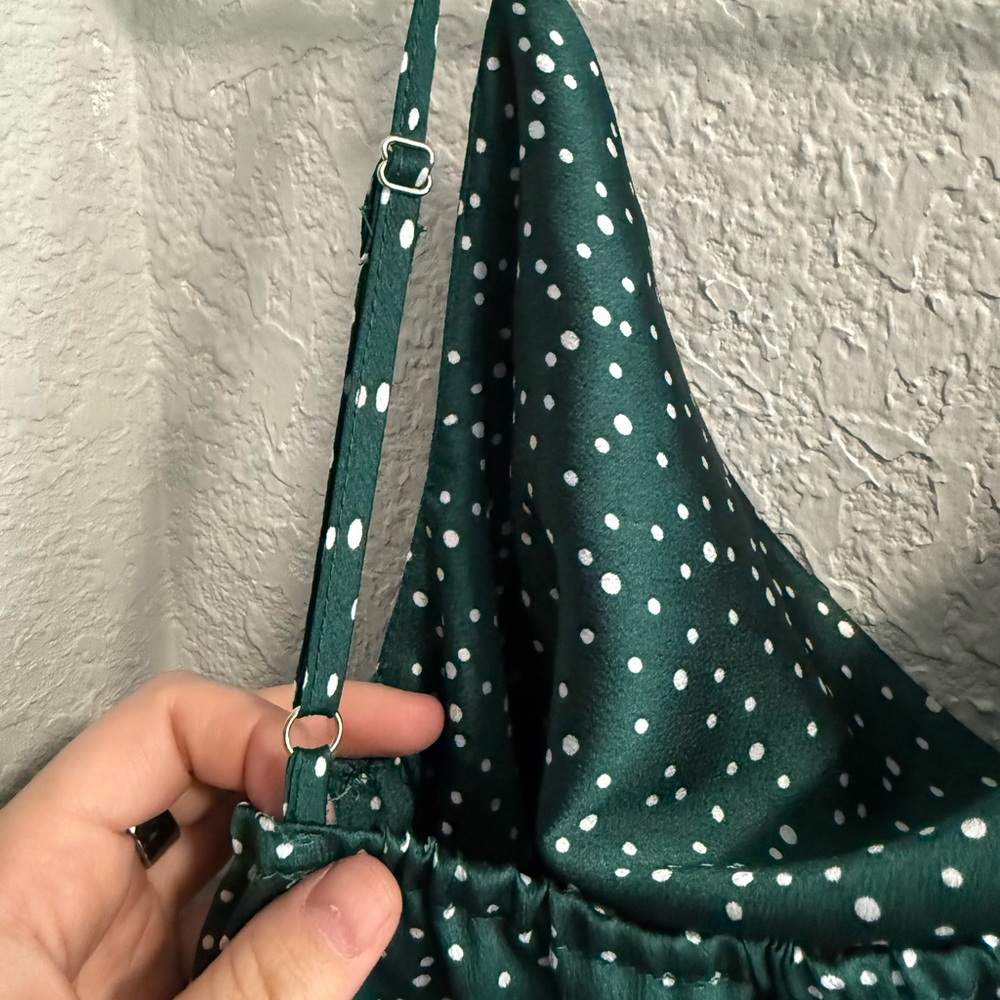 Goodnight Macaroon Cowl Neck Forest Green Dress with White Dots - Picture 6 of 8